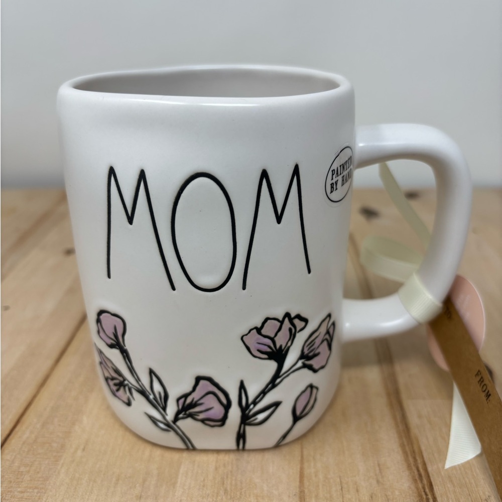 Rae Dunn MOM Mug White Ceramic with Pink Floral Design and Black Lettering New